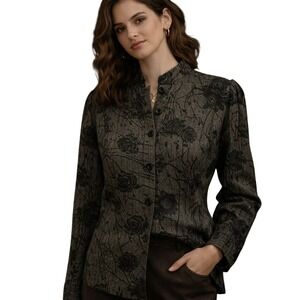 Florentine Womens Jacket 80s Herringbone Print Black‎ Floral Overlay  Size 12